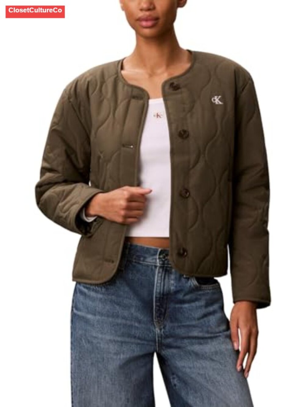 Ultra Lightweight Quilted Liner Jacket Button-Front Crewneck Casual